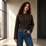Women’s Suede Field Jacket | Vintage Brown Leather Trucker Style