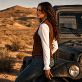 Women’s Suede Leather Vest | Tailored Button Front Sleeveless Waistcoat with Pockets