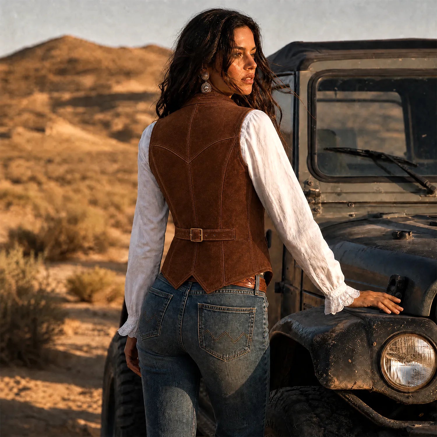 Women’s Suede Leather Vest | Tailored Button Front Sleeveless Waistcoat with Pockets