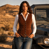 Women’s Suede Leather Vest | Tailored Button Front Sleeveless Waistcoat with Pockets