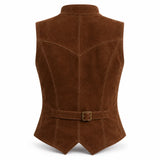 Women’s Suede Leather Vest | Tailored Button Front Sleeveless Waistcoat with Pockets