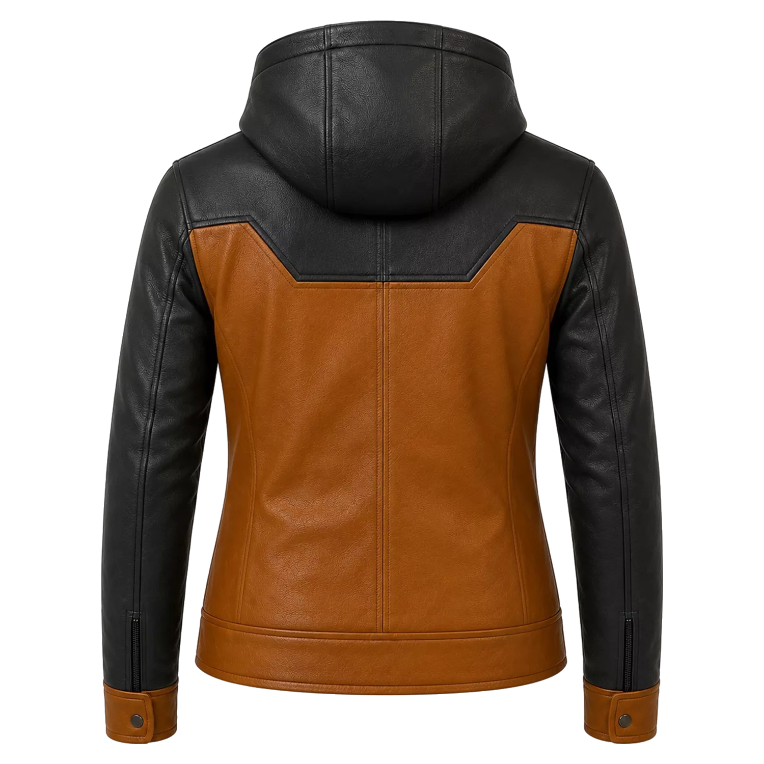 Women’s Tan Black Hooded Leather Biker Jacket | Zip-Up Moto Jacket