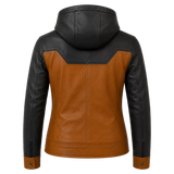 Women’s Tan Black Hooded Leather Biker Jacket | Zip-Up Moto Jacket