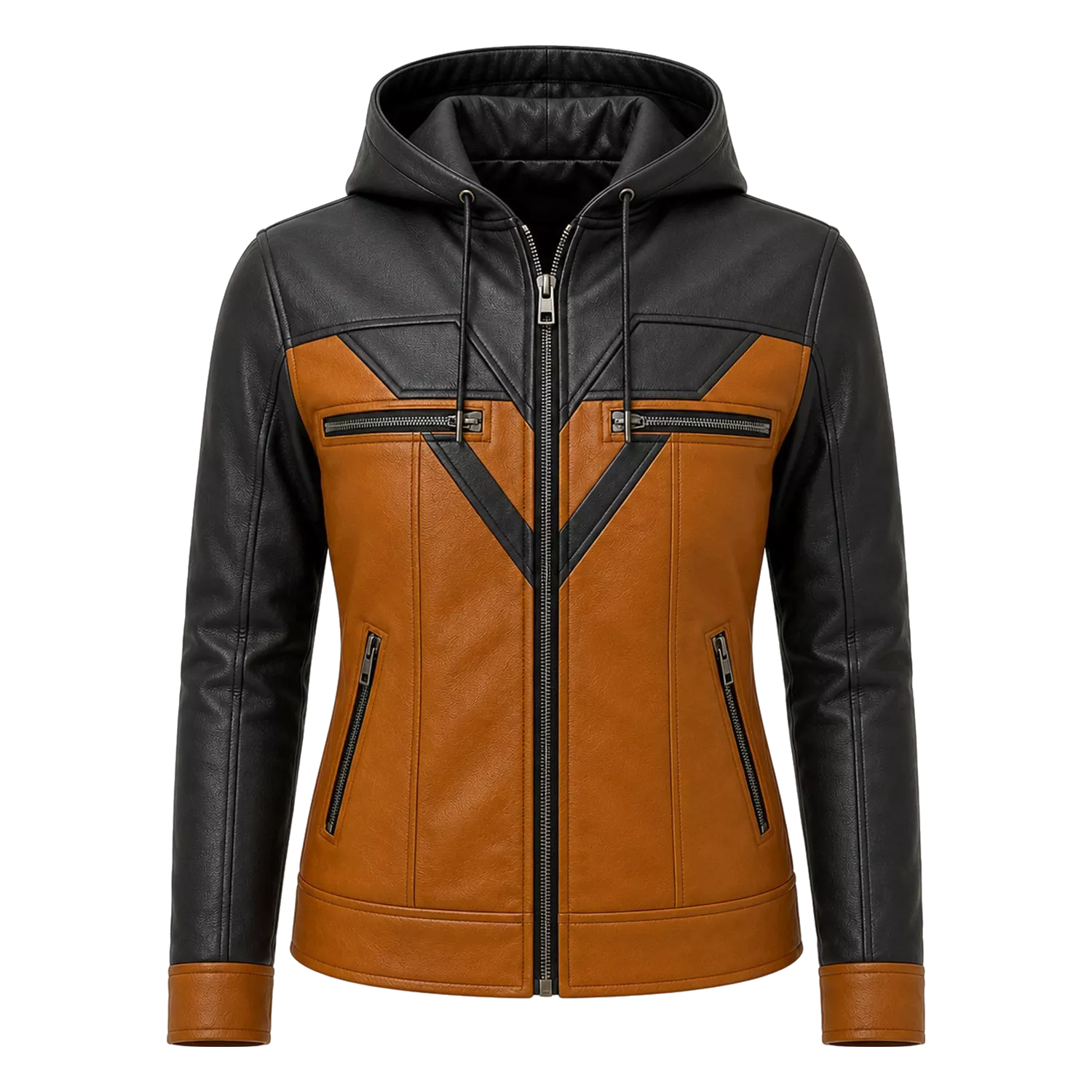 Women’s Tan Black Hooded Leather Biker Jacket | Zip-Up Moto Jacket