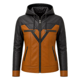Women’s Tan Black Hooded Leather Biker Jacket | Zip-Up Moto Jacket