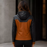 Women’s Tan Black Hooded Leather Biker Jacket | Zip-Up Moto Jacket