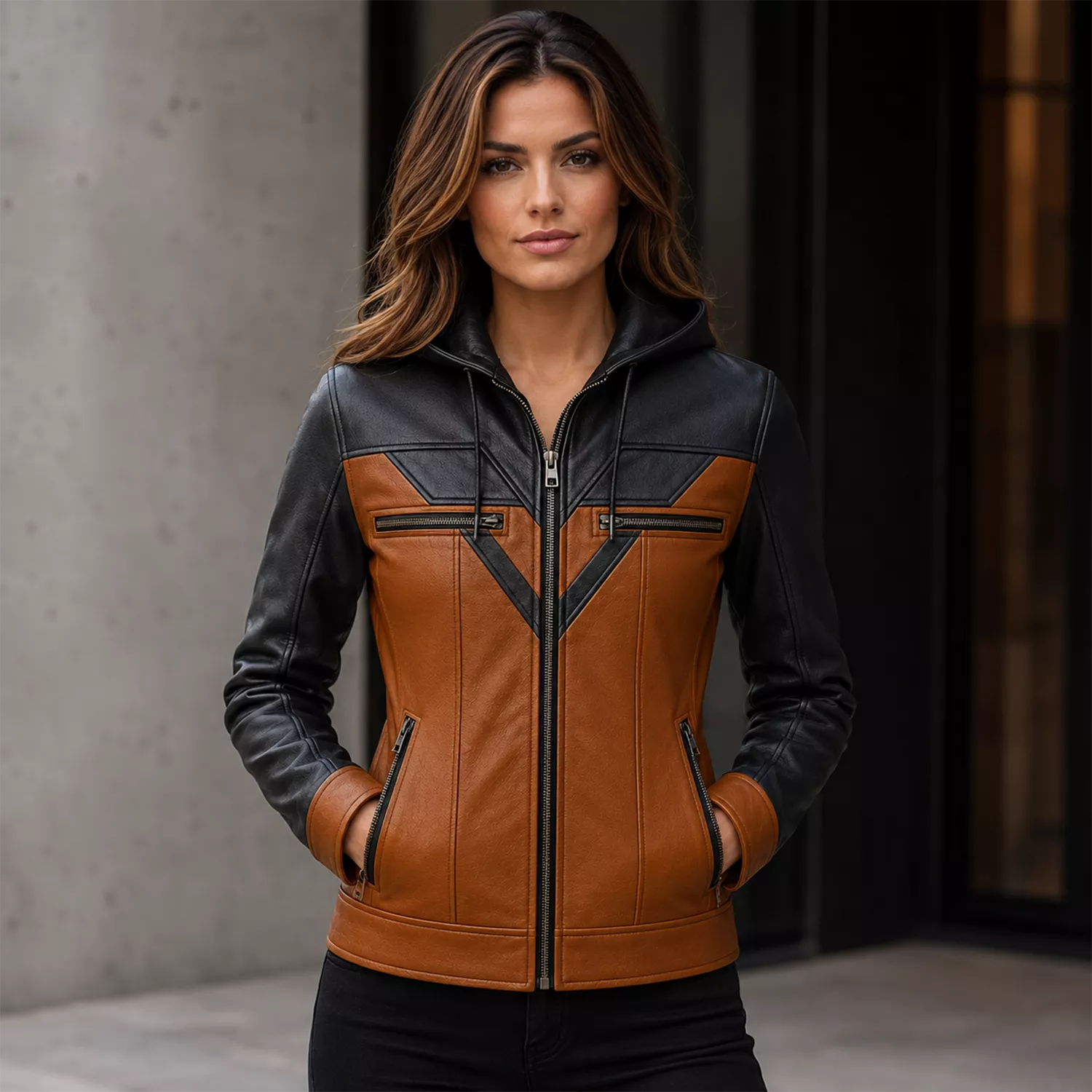 Women’s Tan Black Hooded Leather Biker Jacket | Zip-Up Moto Jacket