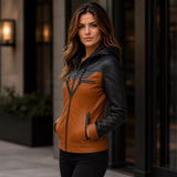 Women’s Tan Black Hooded Leather Biker Jacket | Zip-Up Moto Jacket