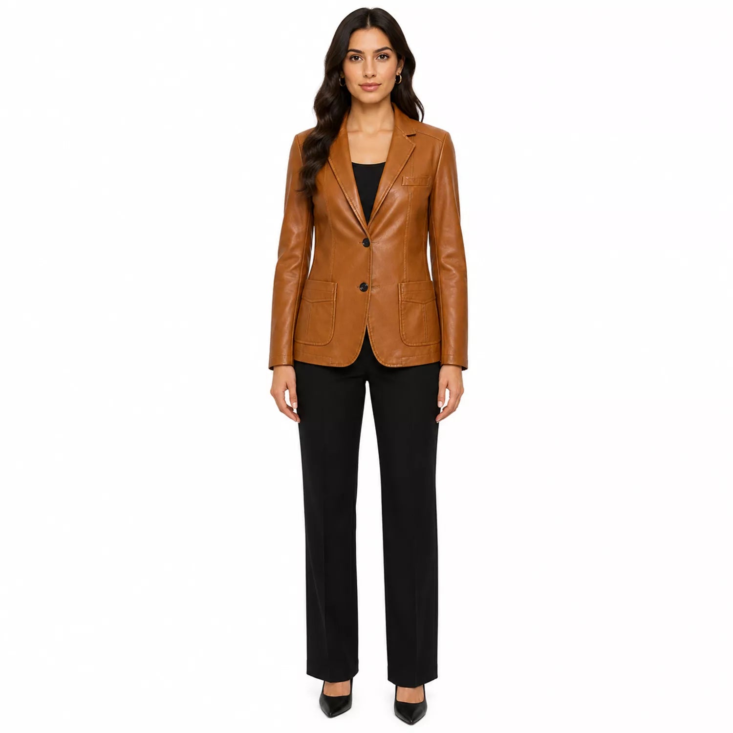 Women’s Tan Brown Leather Blazer | Classic Notch Lapel Blazer