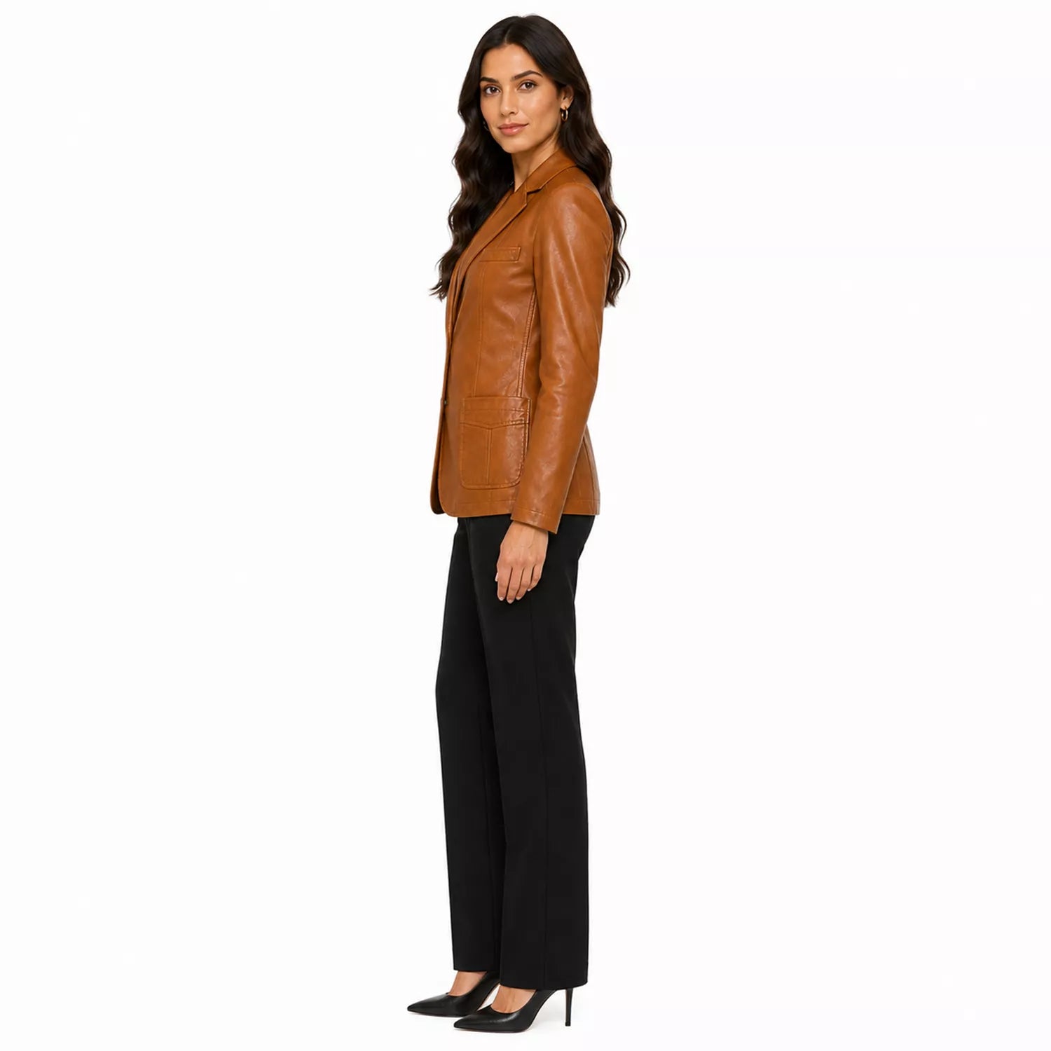 Women’s Tan Brown Leather Blazer | Classic Notch Lapel Blazer