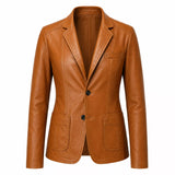 Women’s Tan Brown Leather Blazer | Classic Notch Lapel Blazer