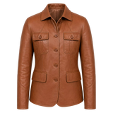 Women’s Tan Brown Leather Safari Blazer Jacket | Button-Up Utility Coat