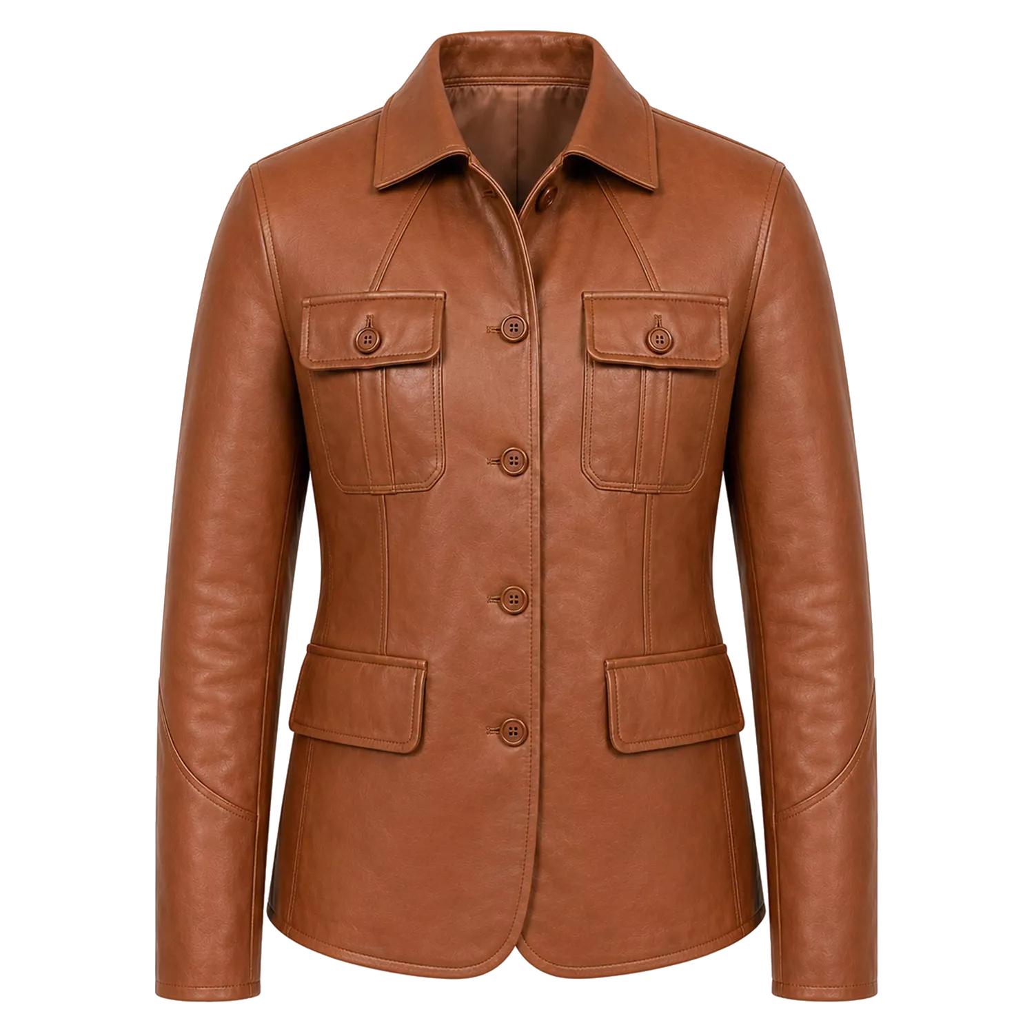 Women’s Tan Brown Leather Safari Blazer Jacket | Button-Up Utility Coat