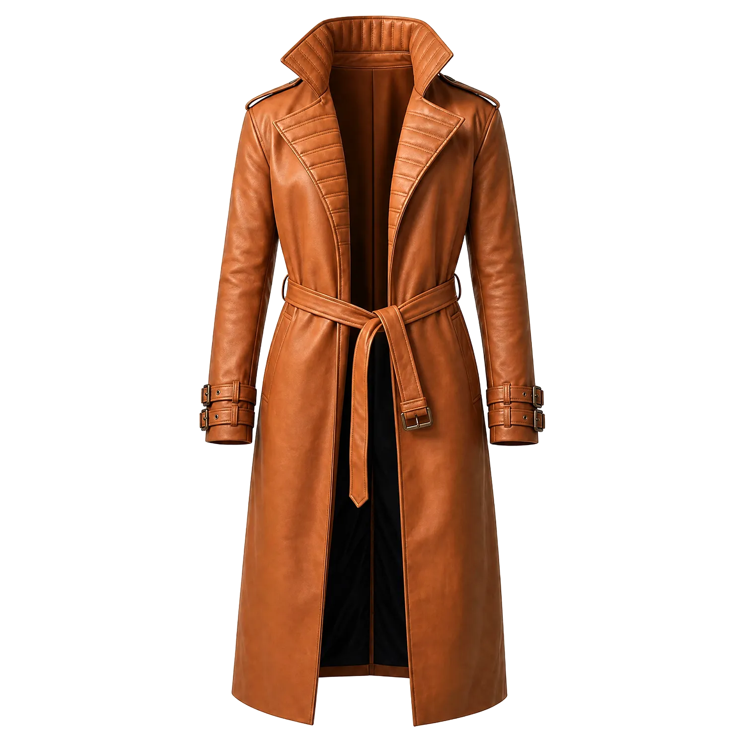 Women’s Tan Brown Leather Trench Coat |  Belted Longline Classic Style