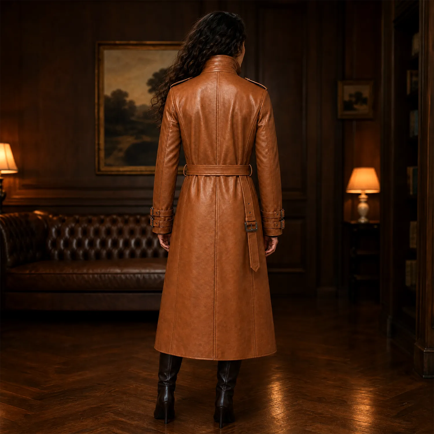 Women’s Tan Brown Leather Trench Coat |  Belted Longline Classic Style