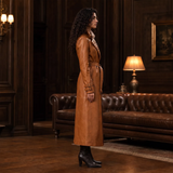 Women’s Tan Brown Leather Trench Coat |  Belted Longline Classic Style