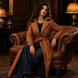 Women’s Tan Brown Leather Trench Coat |  Belted Longline Classic Style