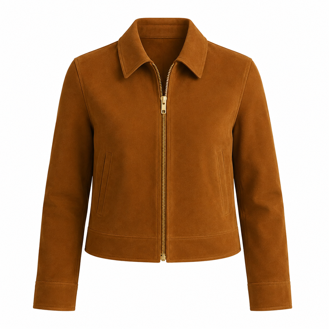 Women’s Tan Brown Suede Trucker Jacket | Zip-Up Collared Casual Jacket