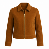 Women’s Tan Brown Suede Trucker Jacket | Zip-Up Collared Casual Jacket