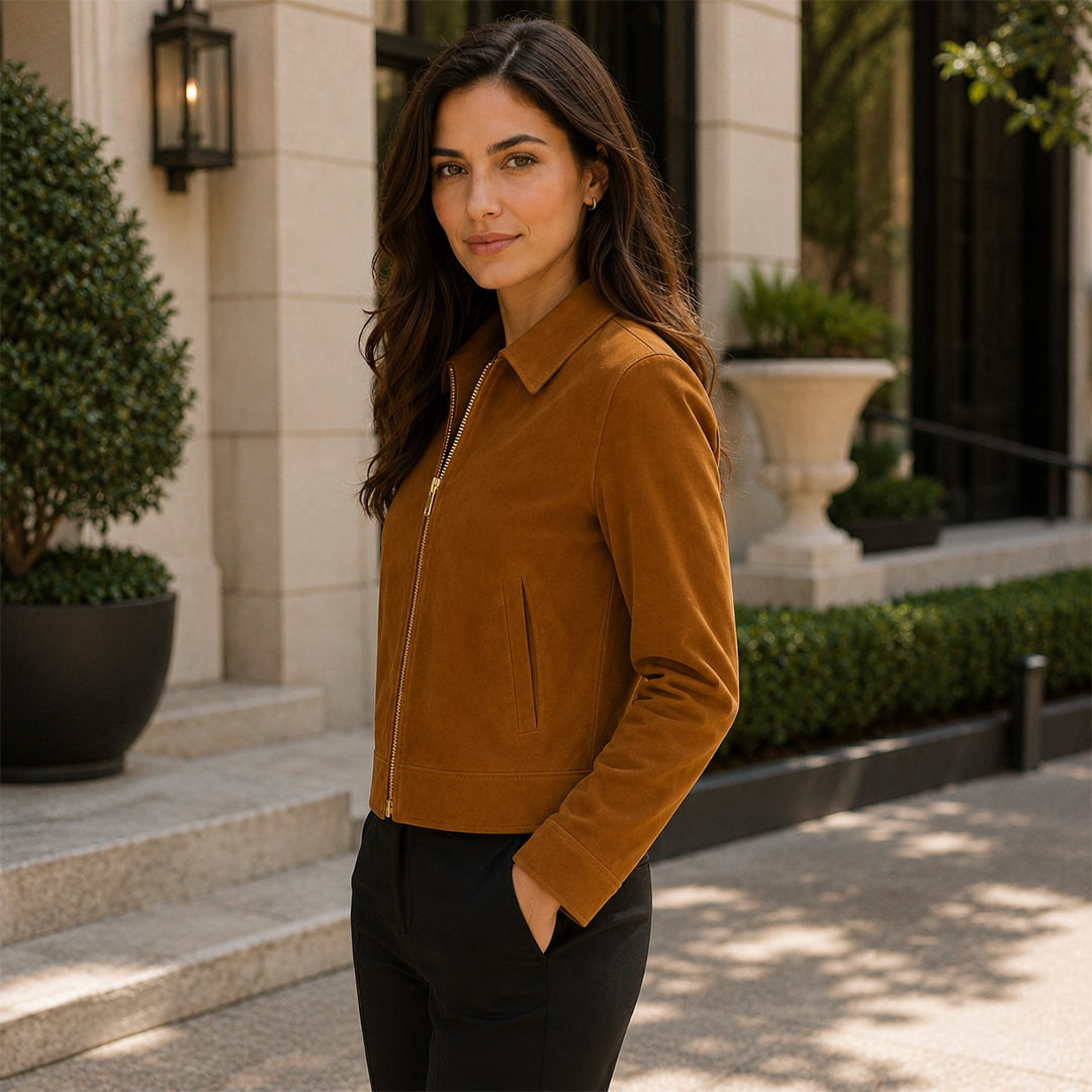 Women’s Tan Brown Suede Trucker Jacket | Zip-Up Collared Casual Jacket