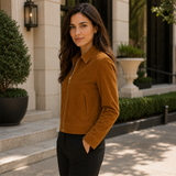 Women’s Tan Brown Suede Trucker Jacket | Zip-Up Collared Casual Jacket
