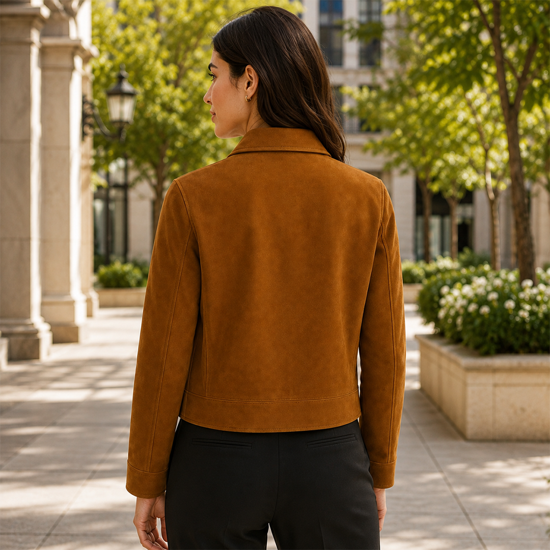 Women’s Tan Brown Suede Trucker Jacket | Zip-Up Collared Casual Jacket