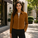 Women’s Tan Brown Suede Trucker Jacket | Zip-Up Collared Casual Jacket