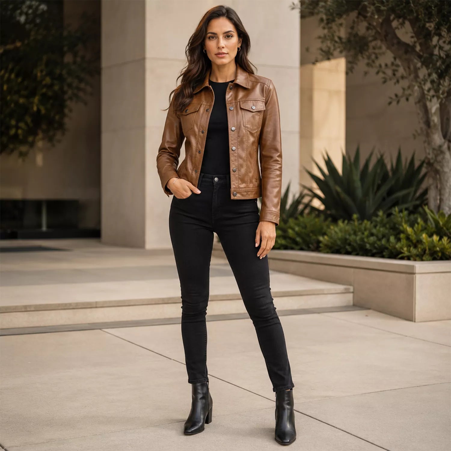 Women’s Tan Leather Trucker Jacket | Classic Western Style