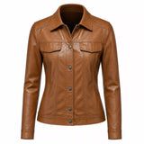 Women’s Tan Leather Trucker Jacket | Classic Western Style