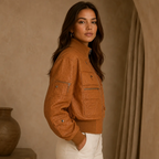Women’s Tan Ostrich Texture Cropped Leather Bomber Jacket