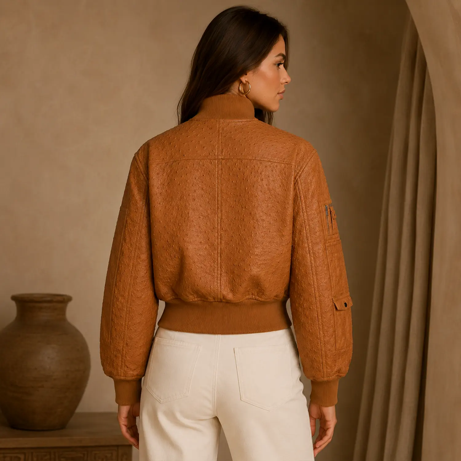 Women’s Tan Ostrich Texture Cropped Leather Bomber Jacket