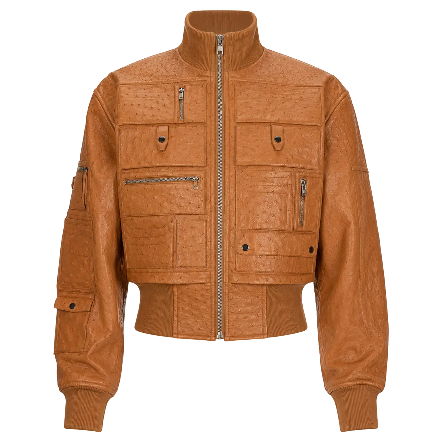 Women’s Tan Ostrich Texture Cropped Leather Bomber Jacket