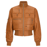 Women’s Tan Ostrich Texture Cropped Leather Bomber Jacket