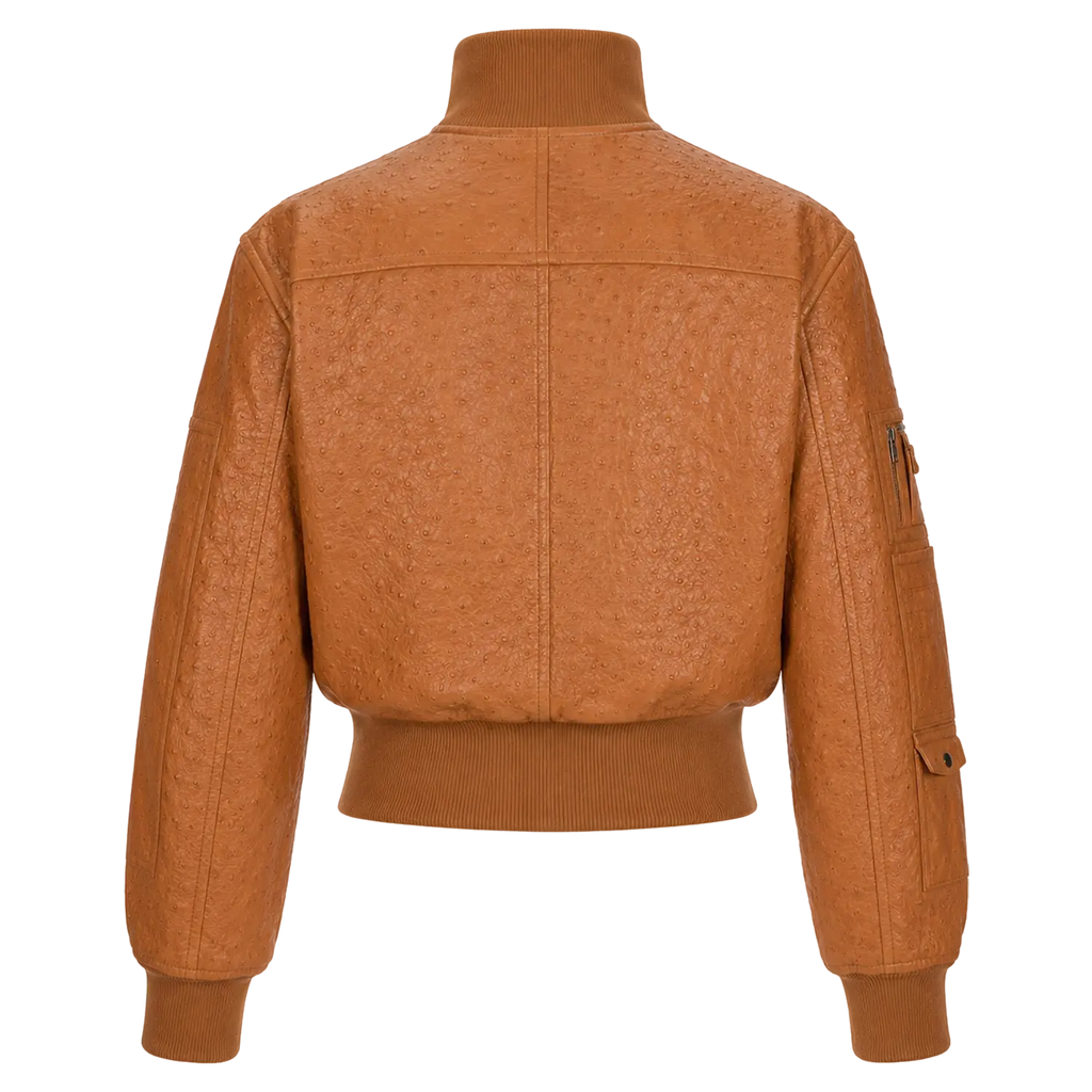 Women’s Tan Ostrich Texture Cropped Leather Bomber Jacket