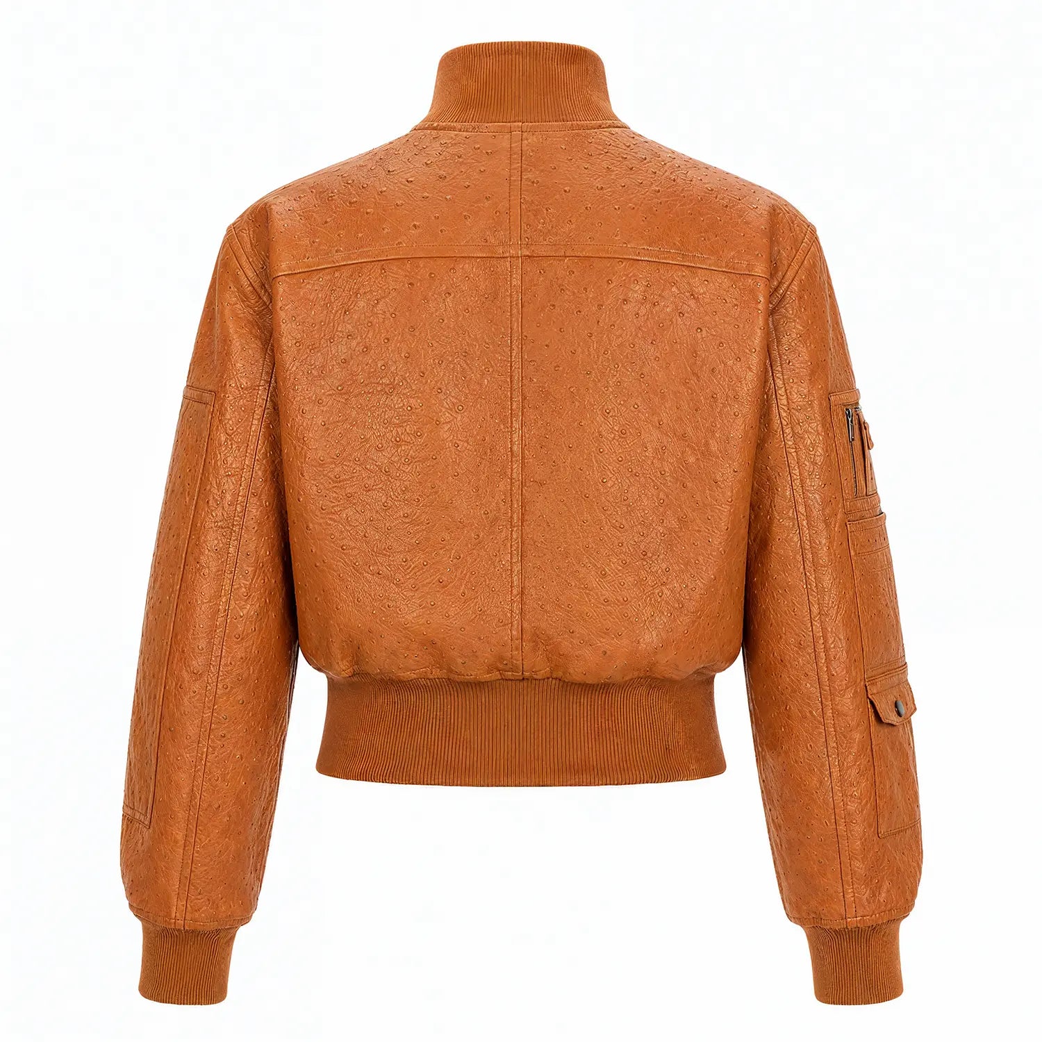 Women’s Tan Ostrich Texture Cropped Leather Bomber Jacket