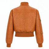 Women’s Tan Ostrich Texture Cropped Leather Bomber Jacket
