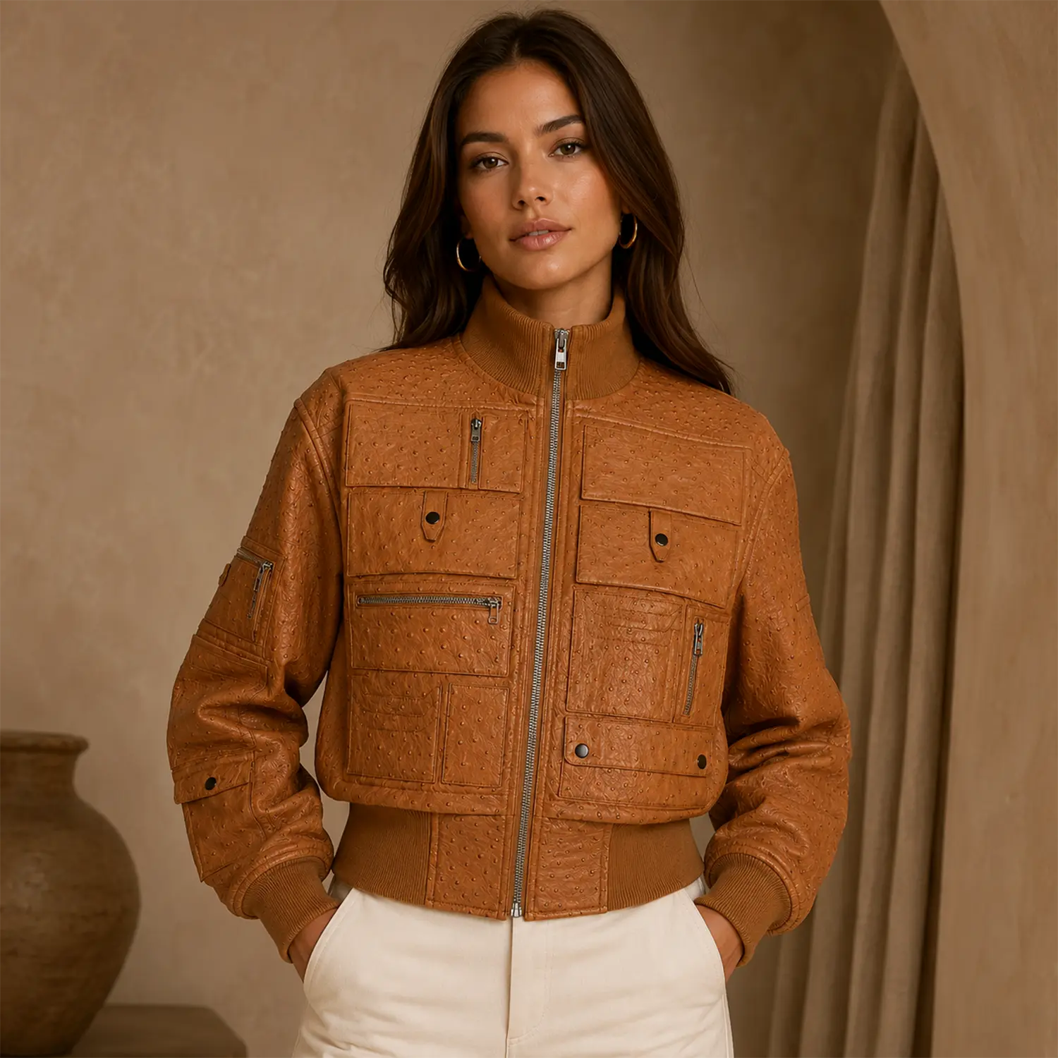 Women’s Tan Ostrich Texture Cropped Leather Bomber Jacket