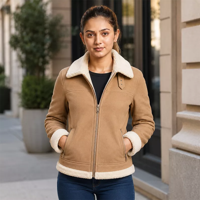 Women’s Tan Shearling Suede Leather Jacket  Warm Winter Zip Jacket
