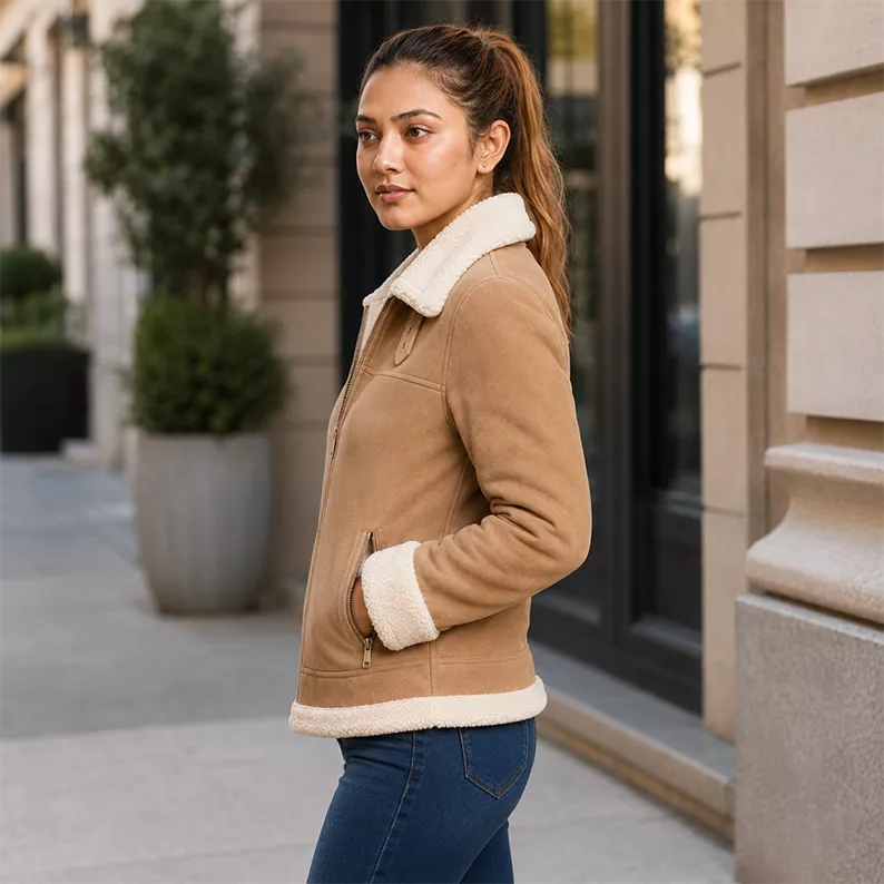 Women’s Tan Shearling Suede Leather Jacket  Warm Winter Zip Jacket