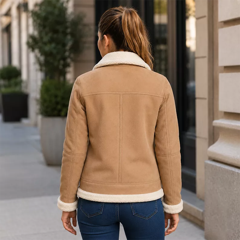 Women’s Tan Shearling Suede Leather Jacket  Warm Winter Zip Jacket