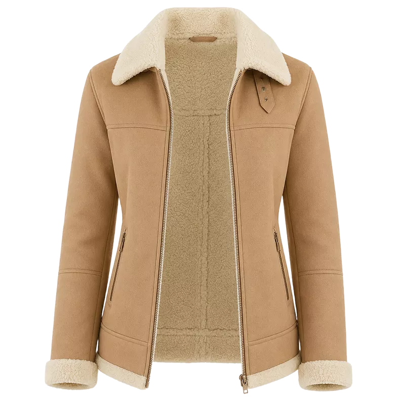 Women’s Tan Shearling Suede Leather Jacket  Warm Winter Zip Jacket