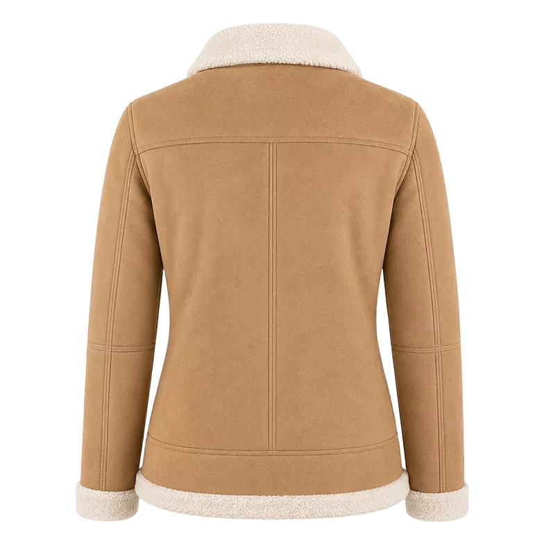 Women’s Tan Shearling Suede Leather Jacket  Warm Winter Zip Jacket