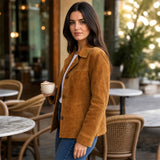 Women’s Tan Suede Blazer Jacket | Premium Leather Tailored Button Front Outerwear