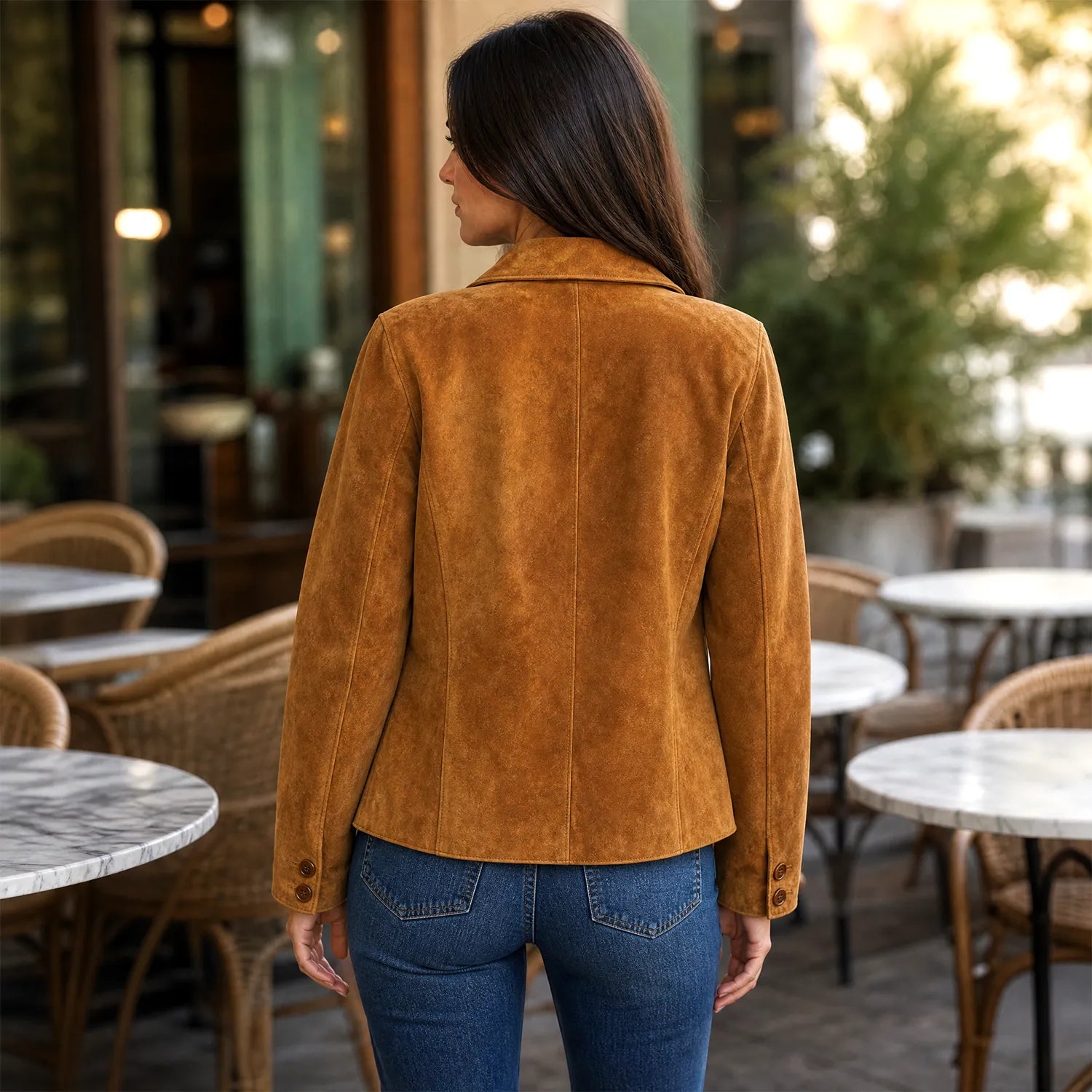 Women’s Tan Suede Blazer Jacket | Premium Leather Tailored Button Front Outerwear