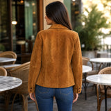 Women’s Tan Suede Blazer Jacket | Premium Leather Tailored Button Front Outerwear
