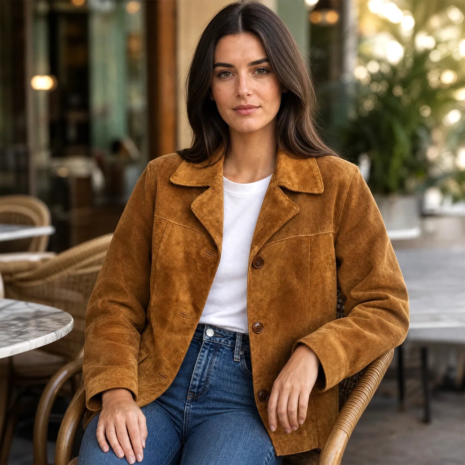 Women’s Tan Suede Blazer Jacket | Premium Leather Tailored Button Front Outerwear