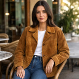 Women’s Tan Suede Blazer Jacket | Premium Leather Tailored Button Front Outerwear