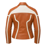Women's Tan White Leather Moto Biker Jacket | Zip-Up Racing Style Jacket