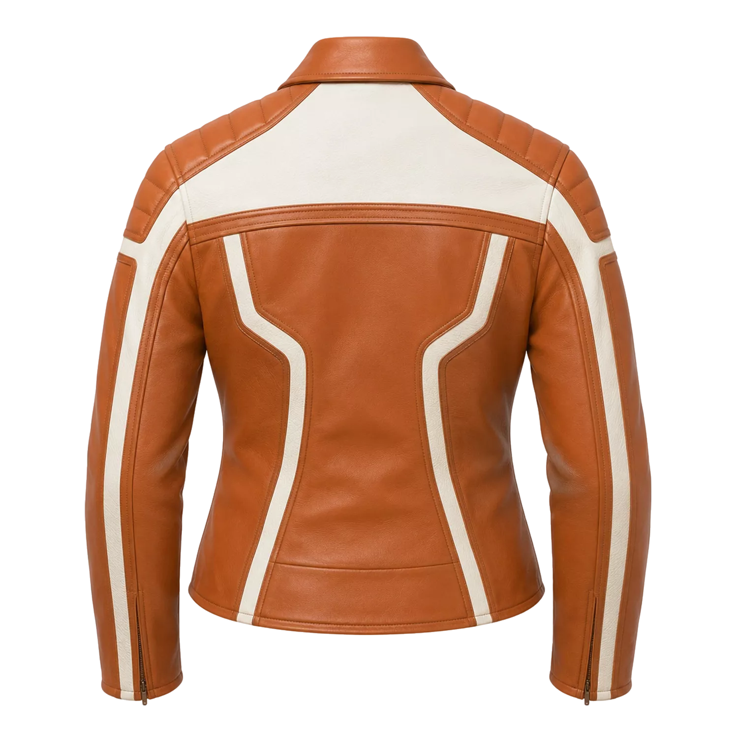 Women's Tan White Leather Moto Biker Jacket | Zip-Up Racing Style Jacket
