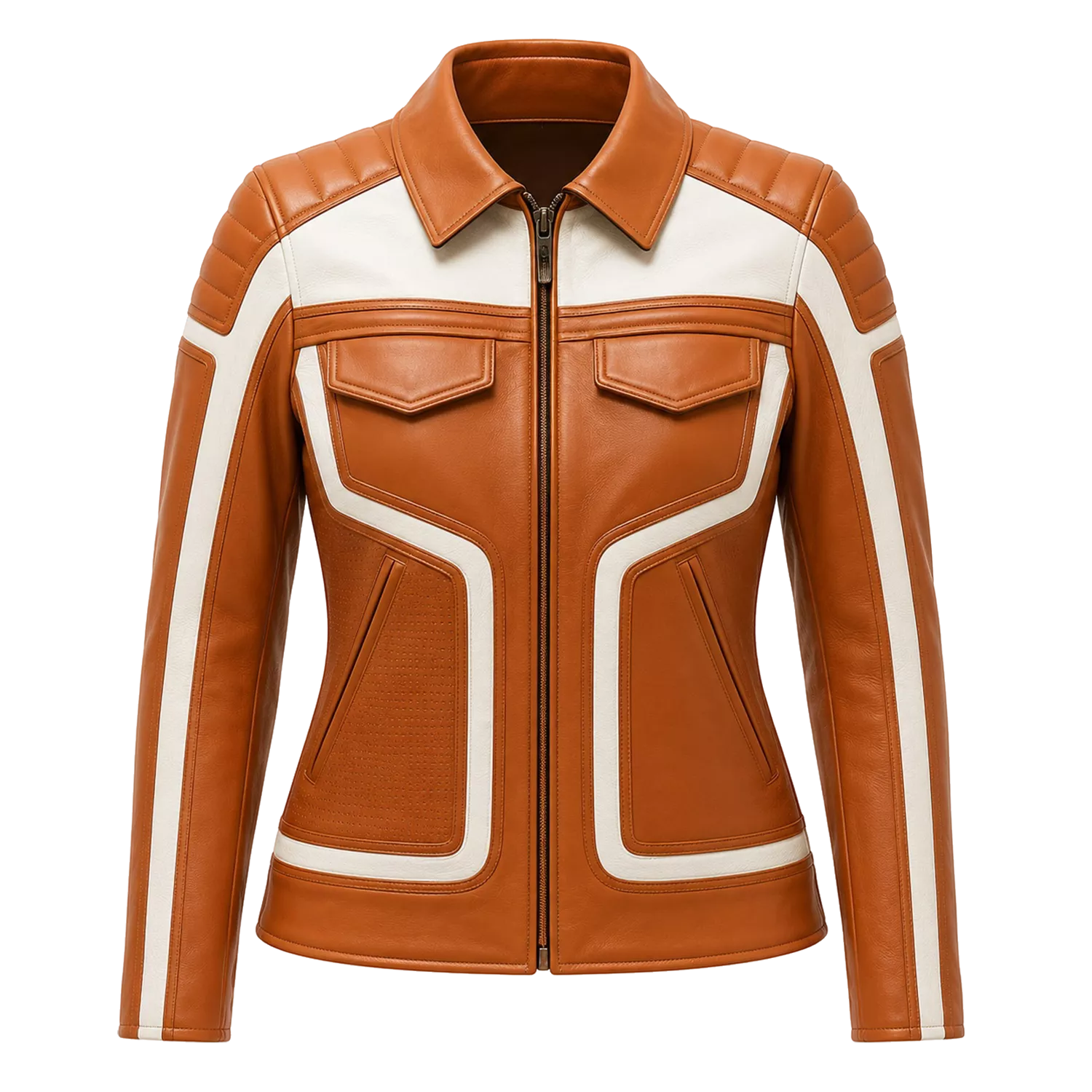 Women's Tan White Leather Moto Biker Jacket | Zip-Up Racing Style Jacket